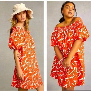 Whit Two Anthro Women"s Dress Small Red Banana Leaf Off Shoulder Smocked Poplin